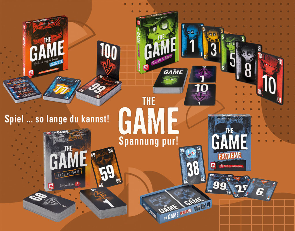 Die Produktfamilie des Kartenspiels The Game: Das Grundspiel The Game, die Zwei-Spieler-Variante Face to Face, die Extreme-Variante und Quick & Easy als Einsteigerversion